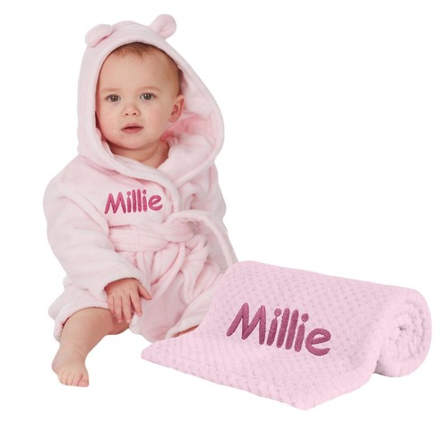 Personalised Embroidered Baby Robe Dressing Gown and Blanket Gift Set - Picture 2 of 7