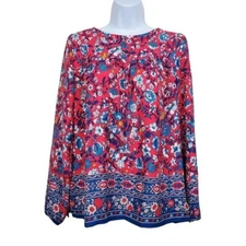 Loft Womens Long Sleeve Pink Blue Floral Top Size XS NWT