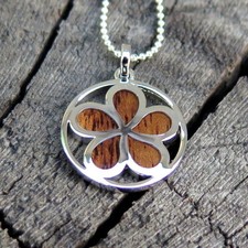 Koa Wood Hawaiian Jewelry Plumeria Circle Rhodium Plated Brass Pendant BRP1165