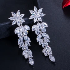 Shiny Marquise Flower CZ Long Dangle Drop Earrings Silver Plated White CZ Gift