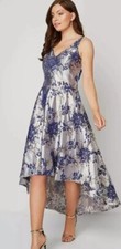 ROMAN 12 SILVER GOLD BLUE DIP HEM JACQUARD EVENING PARTY OCCASION DRESS BNWOT.
