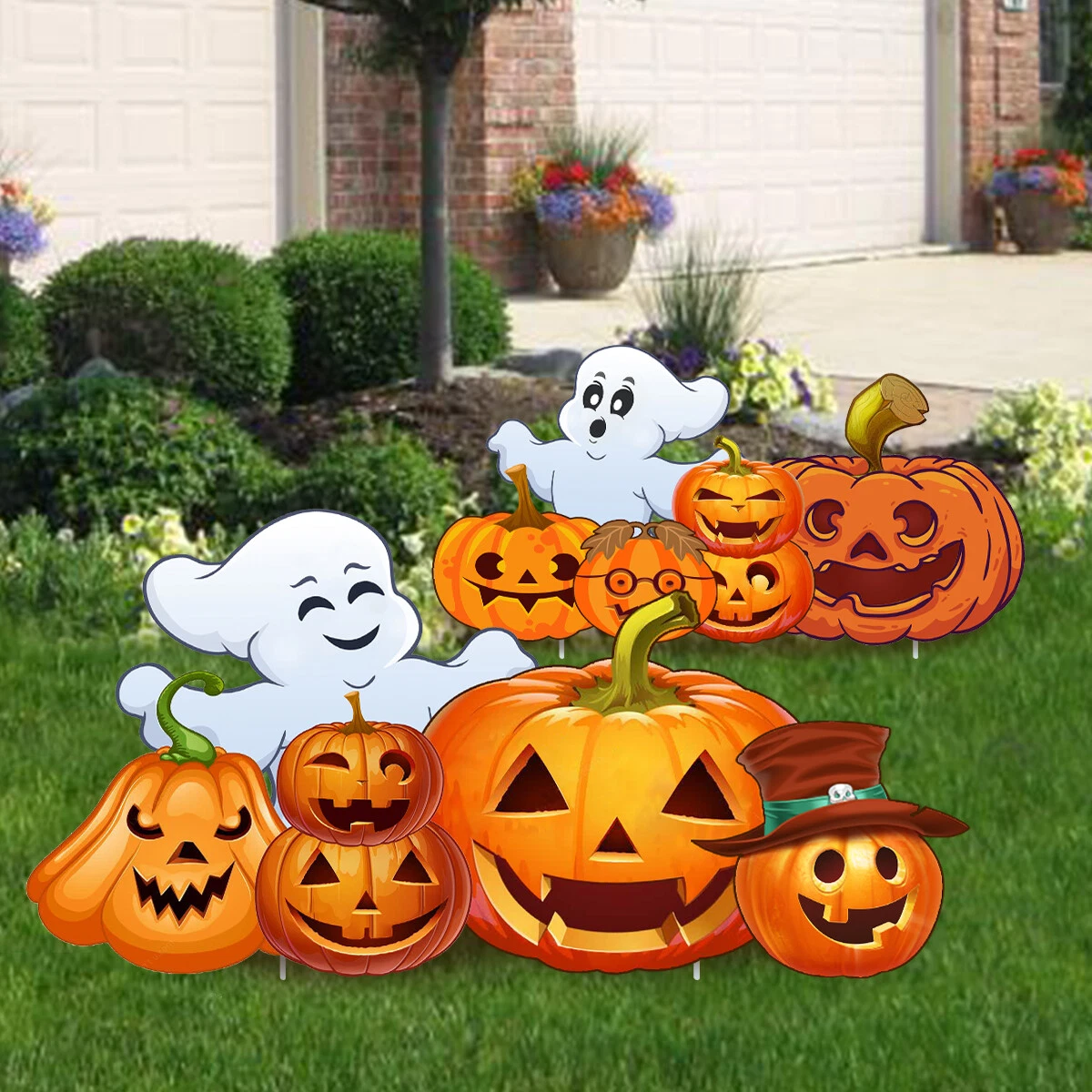 2Pcs Halloween Ghost Pumpkin Decor Yard Stakes Prop Outdoor Yard Sign Lawn Decor