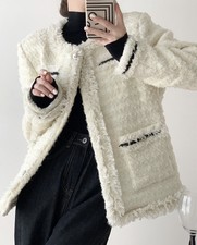 New White Elegant Fluffy Style Tweed Blazer Jacket - Trendy Vintage Style Outfit