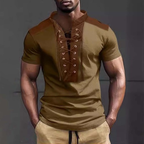 Men's New Summer Color Contrast Small Stand Lace Up Short Sleeved Top Men's T - Picture 15 of 28