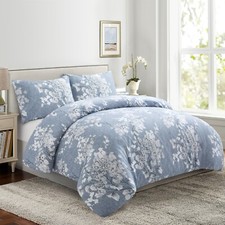 Printed Bamboo Duvet Cover Fitted Sheet Bedding Set, White Floral Blue Queen