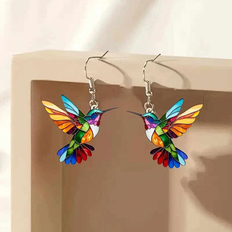 Pendientes Colibrí Acrílico Colorido Diseño 2D Sin Plumas Acero Inoxidable Foto 3 de 4