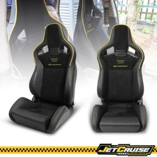 Universal Reclinable 2x Racing Seats Dual Slider Suede PU Carbon Leather Yellow