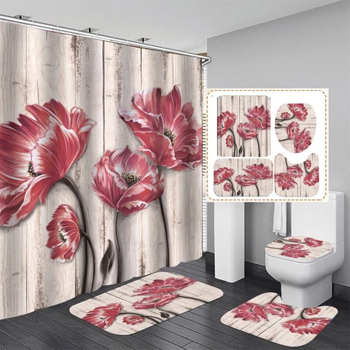 Red Rose Bathroom Non-slip Mat Set Waterproof Shower Curtain Toilet Bath Mat - Bild 36 von 40