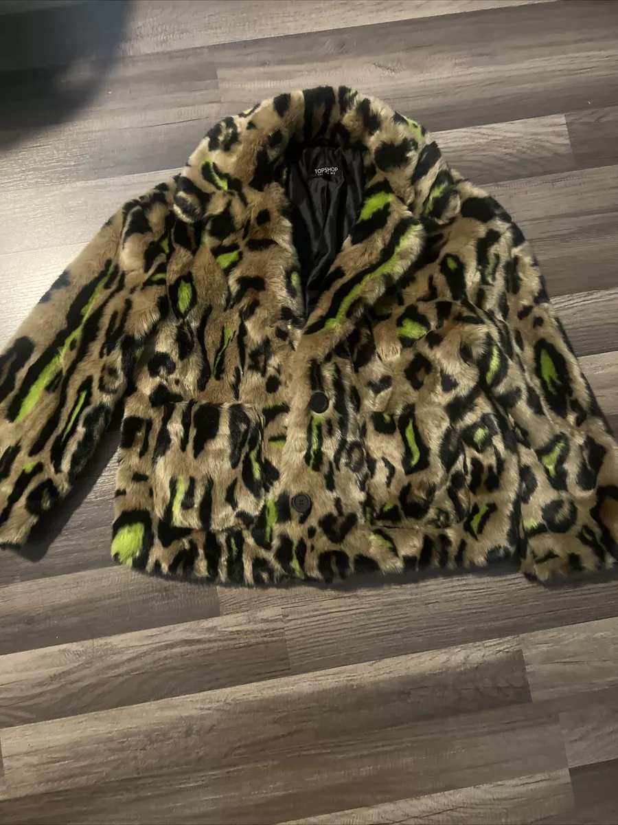 Topshop Animal Print Leopard Neon Green faux fur coat Brown Jacket US 6 UK  10