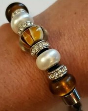 Handcrafted Brown Rhinestone Braided Leather Glass Sliding Beads Boho Bracelet