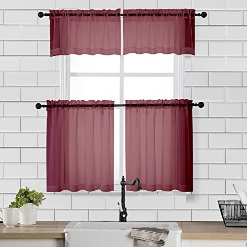 Sheer Tier Curtains 24 Inch Length, Small Cute Window 42 W x 24 L Burgundy - Bild 2 von 6