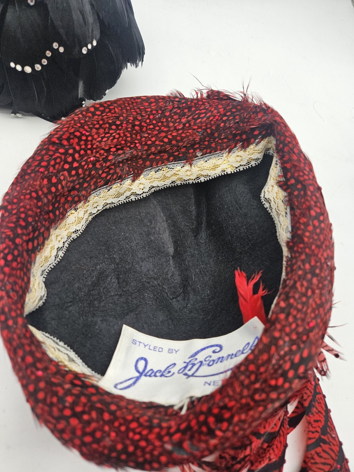 Vintage jack mcconnell women's red feather Hat Lot Black Red Need Tlc image 4