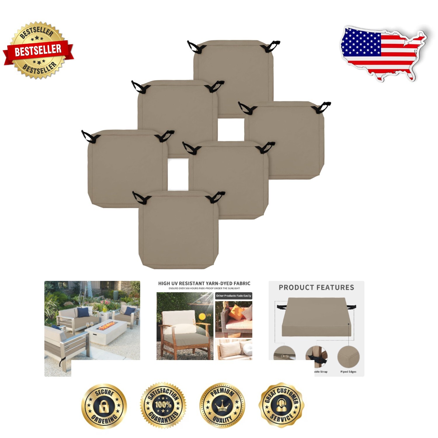 Camel Outdoor Cushion Slipcovers - Waterproof, UV Resistant, Adjustable Straps