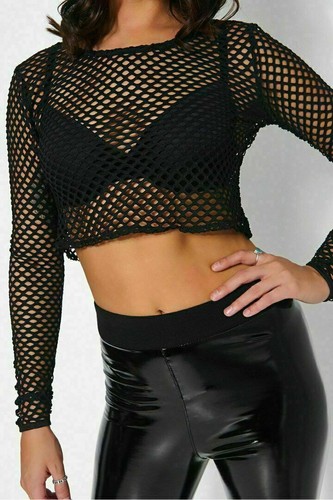 Damen Schaufelausschnitt Langarm Fischernetz kurzes Oberteil Netz Party Shirt Oberteile - Bild 1 von 4