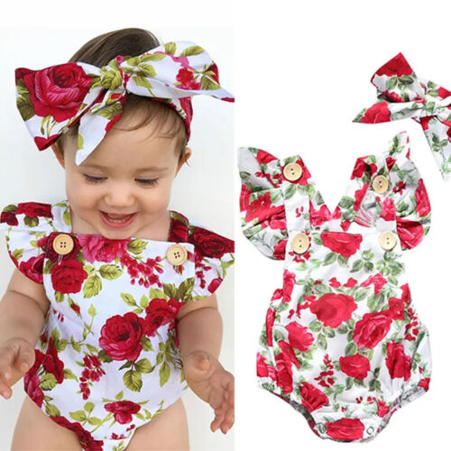 Baby Girl Floral Romper, Newborn Jumpsuit +Headband set Toddler Outfits (2Pcs)