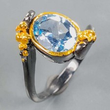 925 Sterling Silver Ring Handmade Gift for her Natural 7x5 Blue Topaz / RVS420