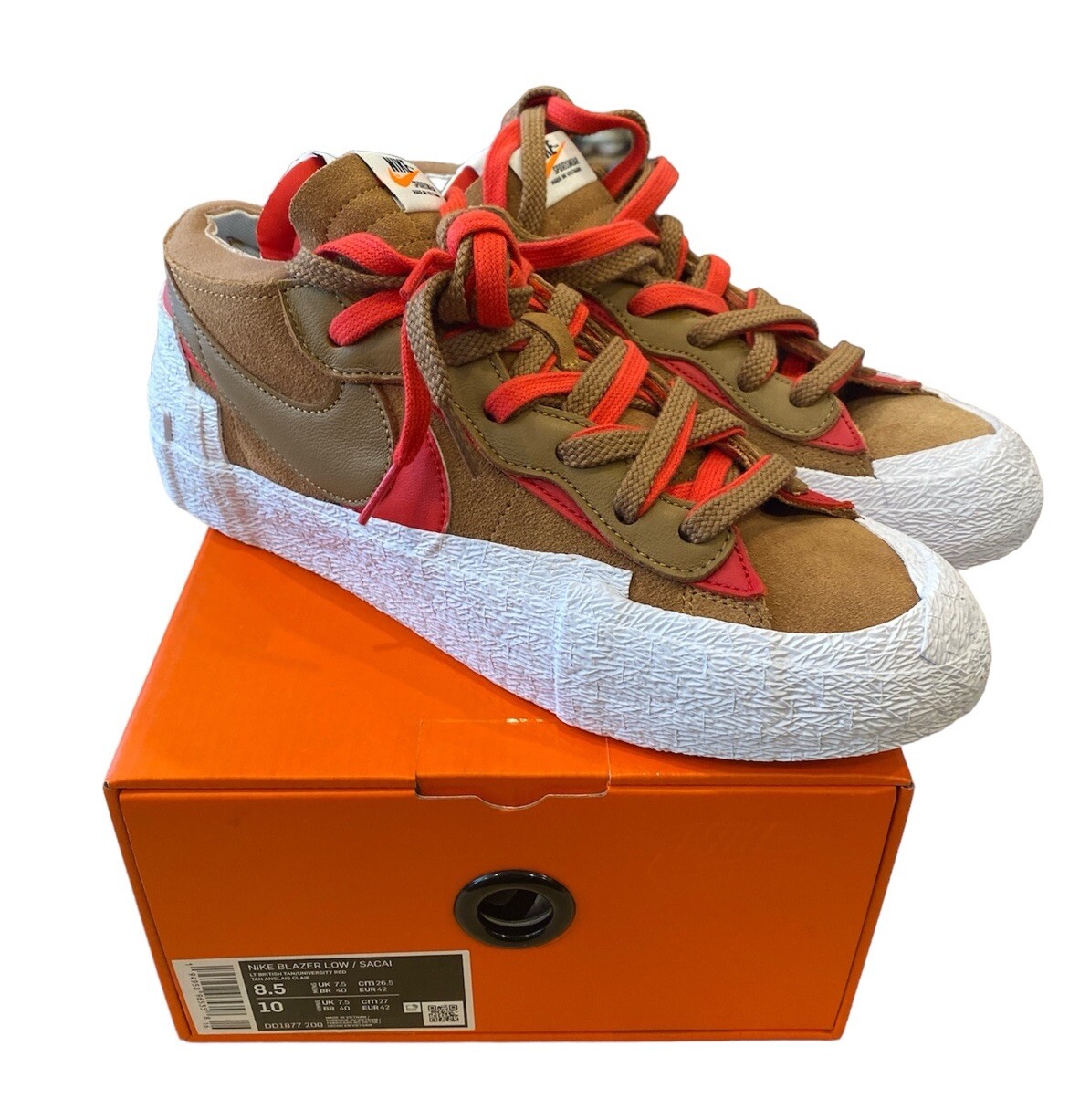 SACAI X NIKE 1127) Nike x Sacai Blazer Low ""British Tan"" DD1877 200 da uomo taglia 8 5 INDOSSATE UNA VOLTA"