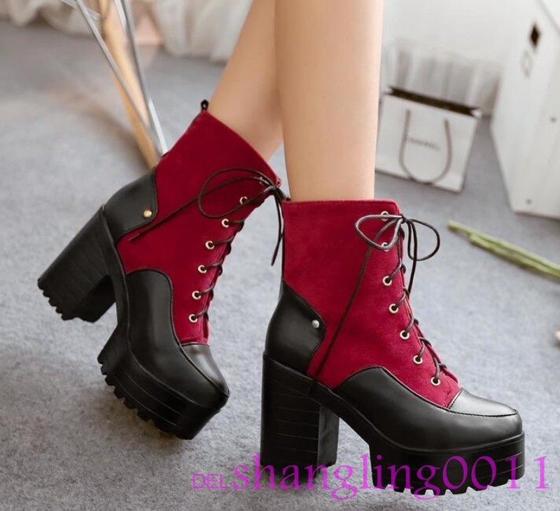 Bottines Rétro Femme Rouge - Talon Bloc Chunky, Bride Boucle Tressée PU - Taille US 12 (neuf Sans Boîte)