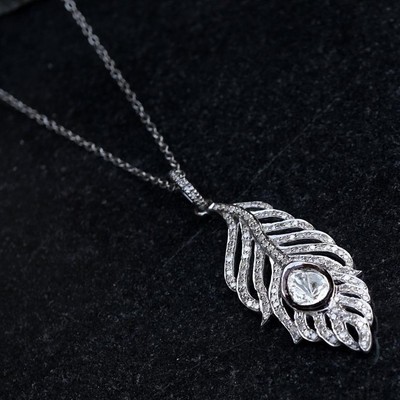 Natural Polki Diamond Feather Pendant Chain Necklace 925 Silver Fine Jewelry