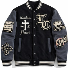 Men’s Black Varsity Jacket Real Leather Sleeves Embroidered Patch Bomber Street