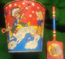 Vtg 1948 Ohio Art Sand Pail  Shovel Western Cowboy and Indian Red Wood Handle