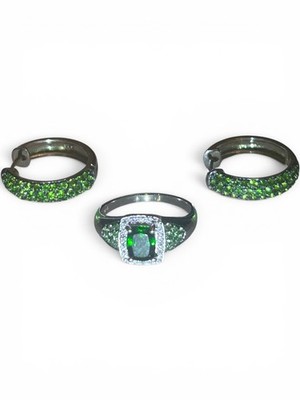 DK HT Sterling Silber Chromdiopsid Ring Ohrringe Set 925 grün Edelstein Pave