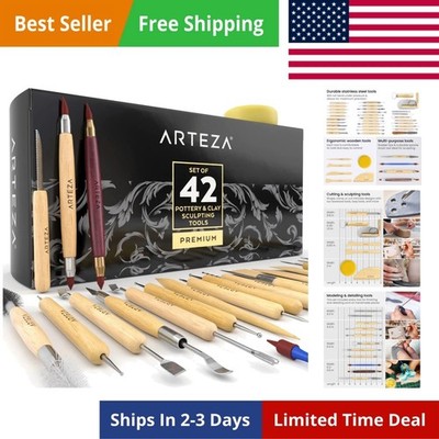 Pottery & Sculpting Tools, 42-Piece Clay Tools Set with Wooden Handles & Stee...