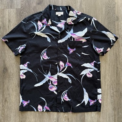 J Crew Wallace & Barnes Camp Shirt Men s L Black Floral Hawaiian Loop Collar