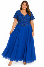 vtg Scala Womens XXL Blue Beaded Sequin Chiffon Maxi Dress Formal Evening Gown