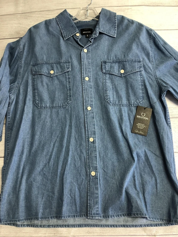 Brixton Shirt Mens Medium Blue Builders Olson Chambray Denim Button Up Relaxed - Image 2 of 4