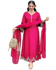 Women's Rayon Viscose Anarkali Embroidered Kurta with Pant Dupatta