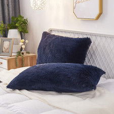 Set of 2 Standard Pillowcases Faux Fur Throw Pillow 26" x 20" Pack of 2 Navy