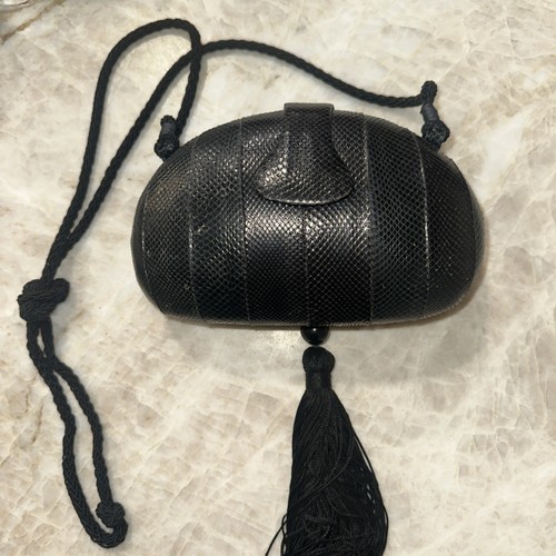 VTG Rafael Sanchez Genuine Lizard Skin Tassel Clutch Sculptural Art Purse Clam
