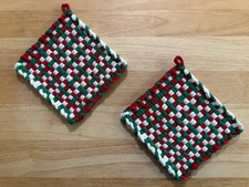 Handmade 2 Pretty Cotton Woven Potholders Christmas Gift Colors Red Green White