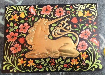 1970S Vintage Shiny Gold Unicorn Greeting Card W/ Gold Interior Envelope UNUSED