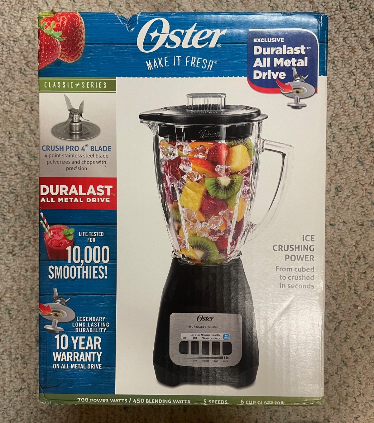 Oster Blender w/Ice Crushing Power 5-Speeds 6-Cup Glass Jar 