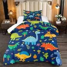 Cartoon Dinosaur Kids Twin Comforter Set, Dark Blue Dinosaur Bedding