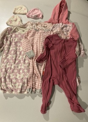 Baby Girl Pink Lot Of 11 Items 0-3M; 5 Footed Pjs ;2 SleepSacks;1 Jacket; 3 Hats