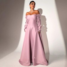 Elegant Pink 3D Flowers Prom Dresses Sweetheart Long Sleeves A Line Evening Gown