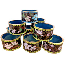 Chinese Cloisonne Enamel Napkin Rings Set of 10 Black Floral Brass Vintage