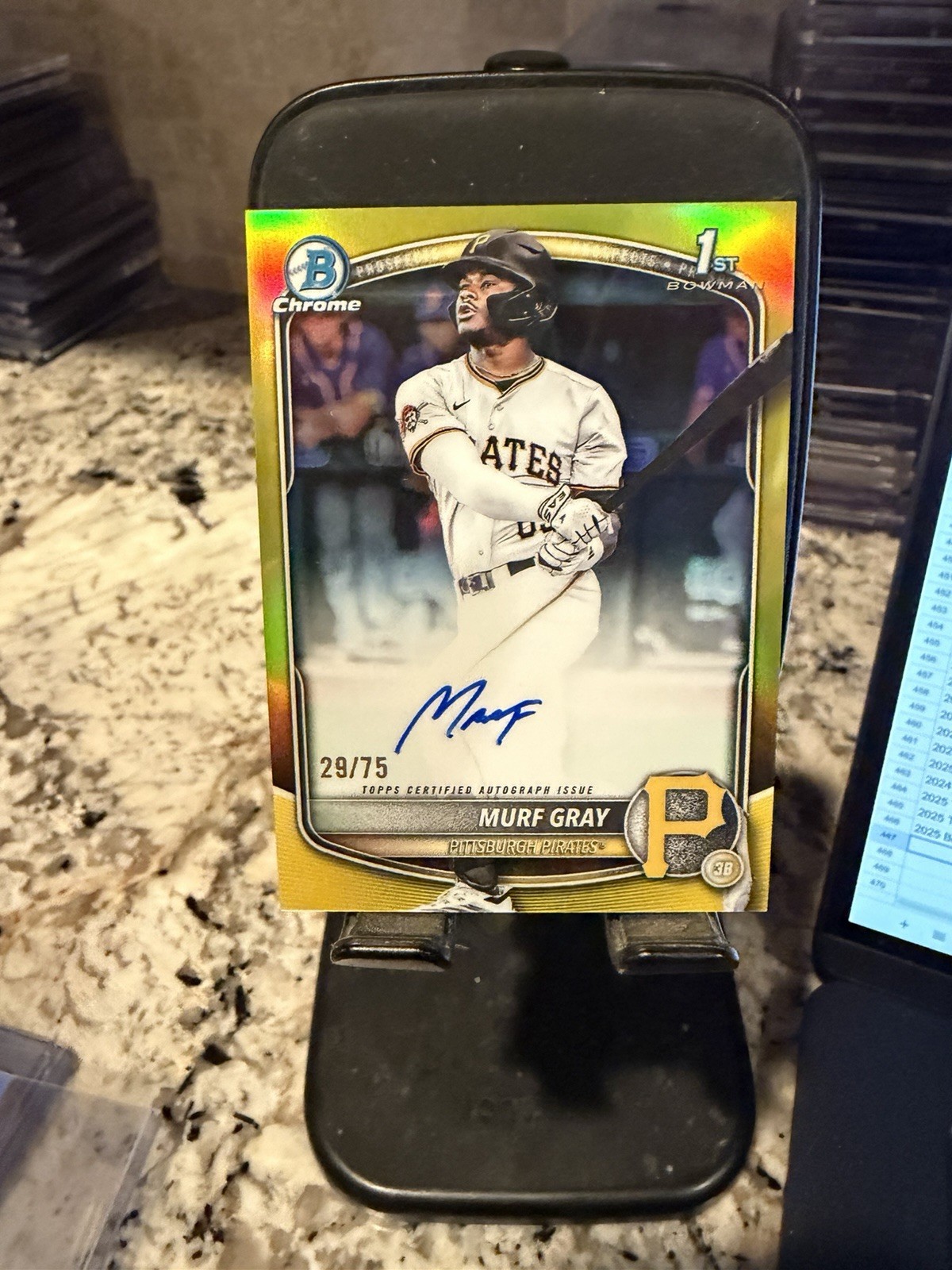 Murf Gray 2025 Bowman Draft Chrome Auto Yellow Refractor 1st #/75 Pirates CPA-MG
