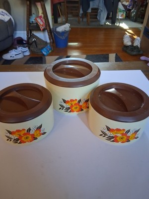 Vintage Plastic Canisters (3) Sterilite Tan And Dark Brown With Orange Flowers 