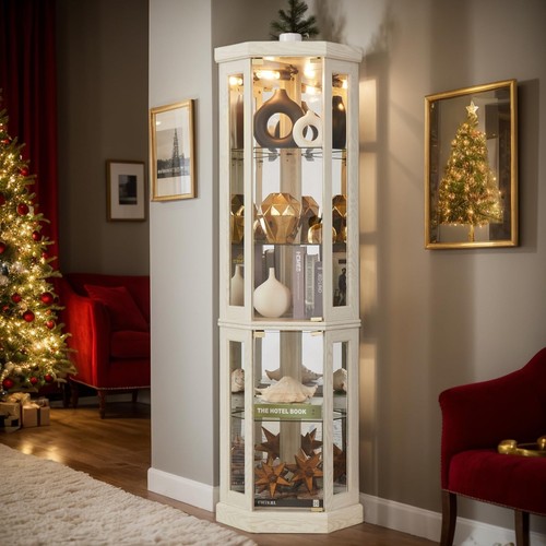 Eyisean 70" Lighted Glass Corner Curio Cabinet, Display Cabinet with Elegant ...