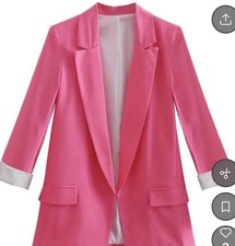 Women's Pink Open Front Collared Long Blazer Jacket 3/4 Sleeve M