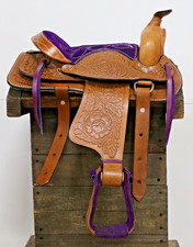 Used 10" Purple Brown Western Horse Leather Pony Kids Saddle