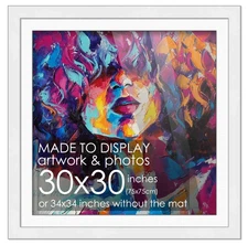 30x30 Frame White With White Picture Mat For 30x30 Print - Or 34x34 Art Without