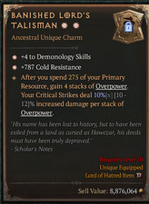🔥Diablo 4 S13 Unique Charm [BANISHED LORD'S TALISMAN]2GA+4 to Demonology Skills