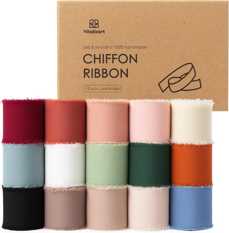 Juego de cintas de seda de gasa - 15 rollos borde deshilachado rústico Foto 3 de 4