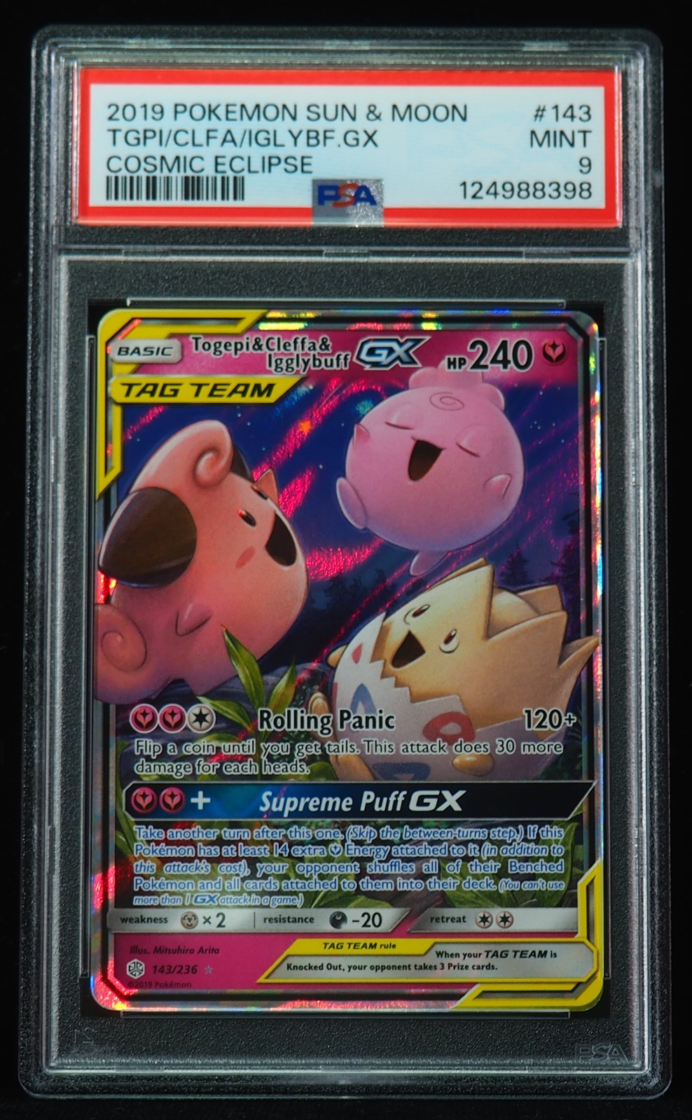 Togepi Cleffa Igglybuff GX 143 PSA 9 Cosmic Eclipse Pokemon Card