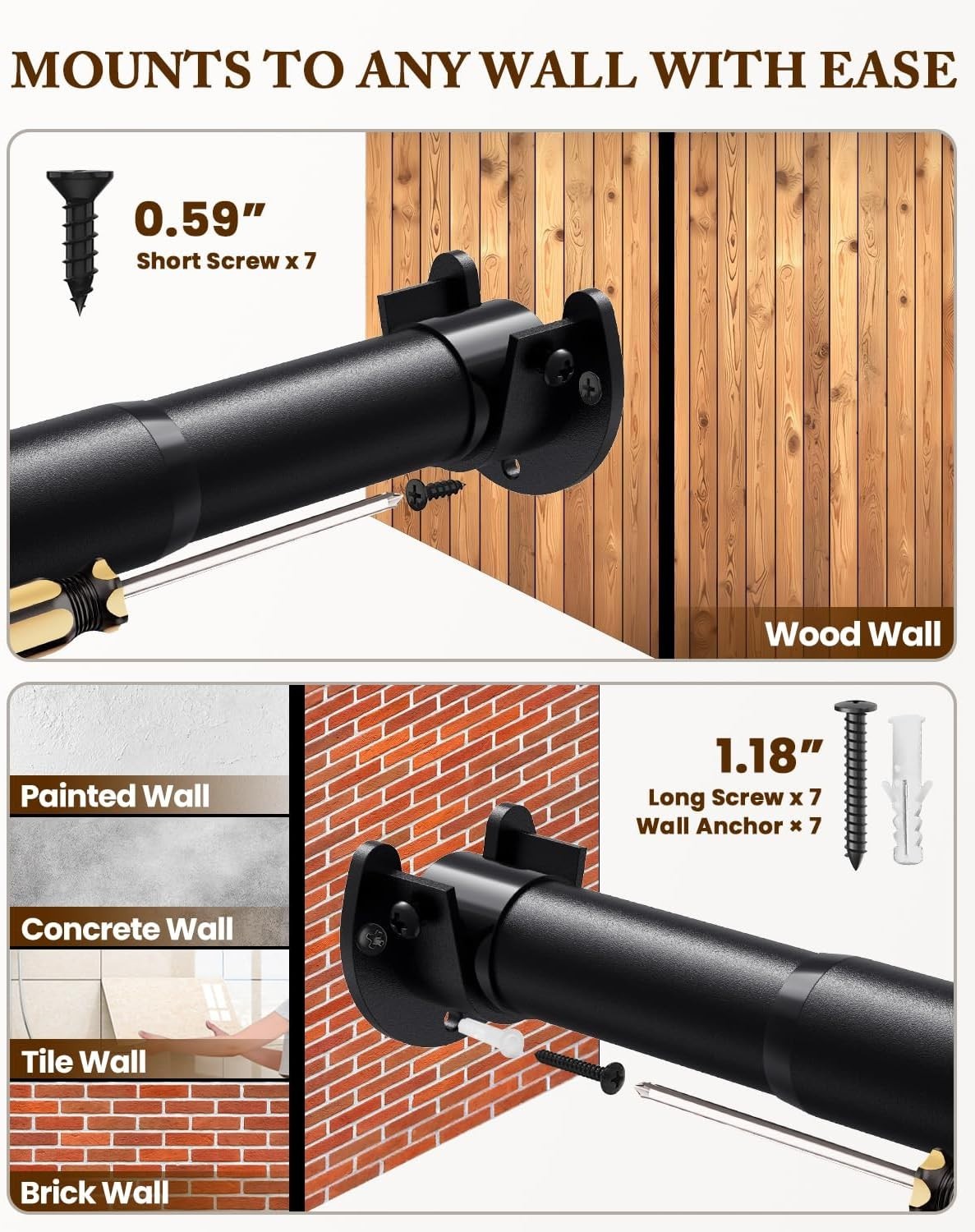 Closet Rod 17-54 IN, Heavy Duty Closet Hanging Rod for Clothes, Adjustable Cl...